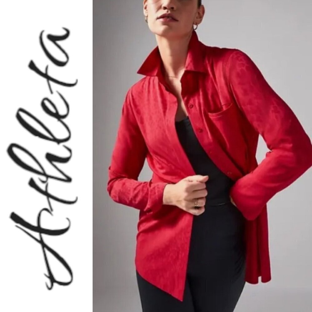 ATHLETA Urbanite Relaxed Silky Textured‎ Button Up Matador Red Snakeskin, Small
